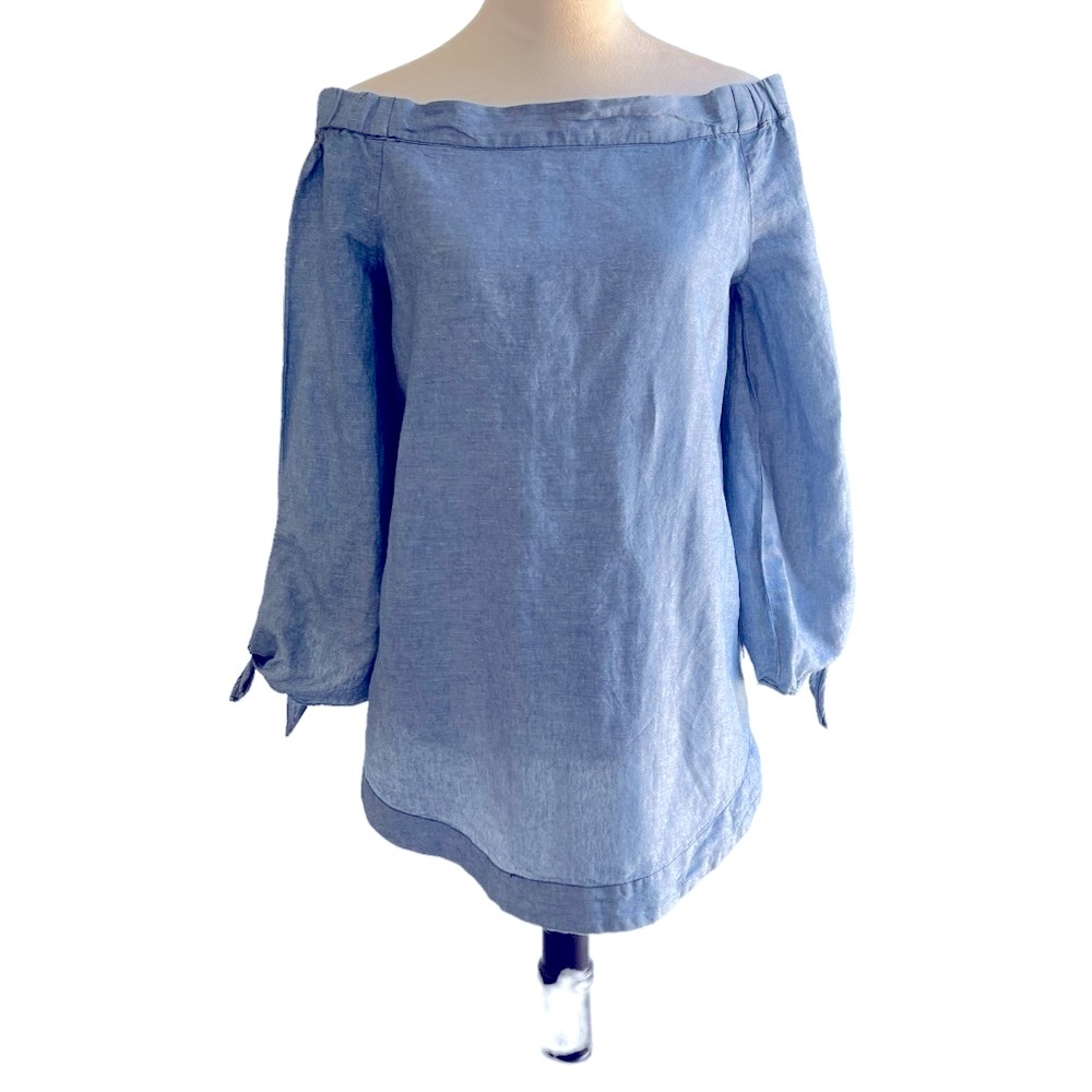 FREE PEOPLE Off The Shoulder‎ Denim Chambray Linen Blend Tunic Top Sz Small